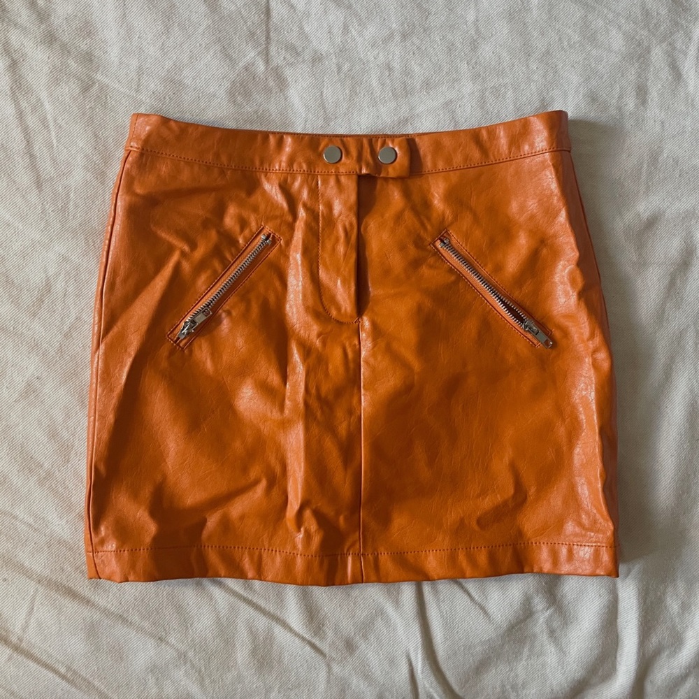 Orange Moto Faux Leather Mini Skirt